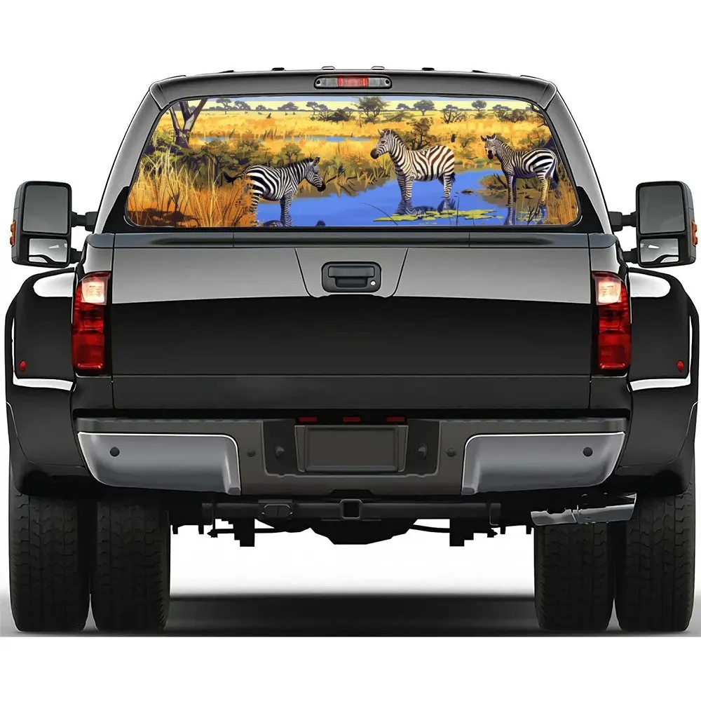 

Zebras Foraging in The River наклейка на заднее лобовое стекло автомобиля, окно грузовика, прозрачная перфорированная виниловая наклейка на заднее окно, украшение