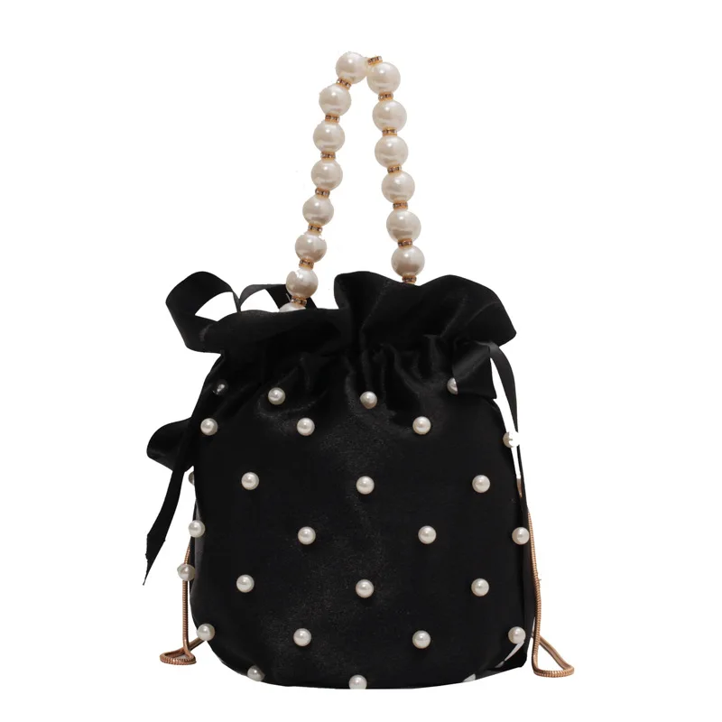 Black Bead Pérola Imitação Silk Bucket Bag para Mulheres, Bolsas de Ombro, Senhoras Bolsa, Feminino Crossbody Bag, Alta Qualidade, Marca de Luxo