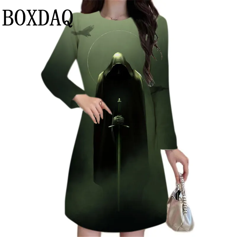 Fashion Gothic Style Dark Terror Dress Women Clothing Halloween Party Long Sleeve Loose Dress Casual Vintage Print Pattern Dress