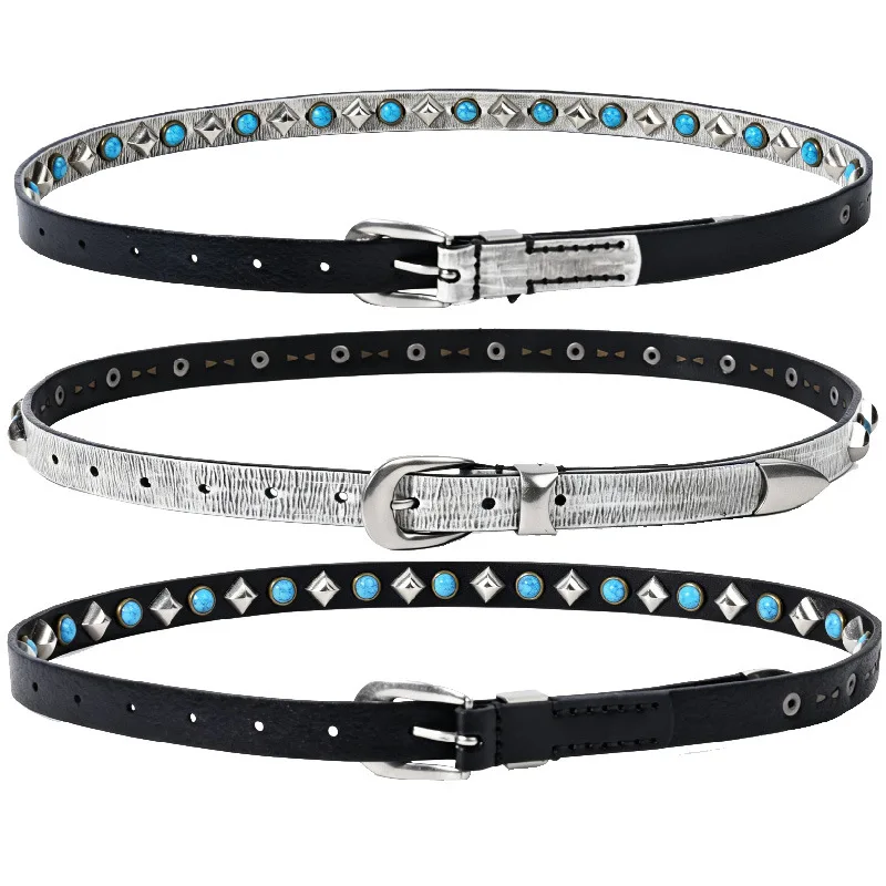 100% Real Leather Belt Retro Women 2cm Thin Cowhide Leather Belt with Imitation Turquoise Fashionable Versatile Jeans Belt