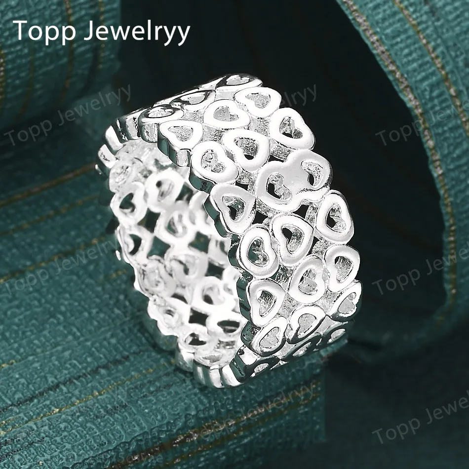 New 925 Sterling Silver 7-10# Hollow Out 3-Row Heart Ring - Fashionable, Women's, Charming, Party, Christmas, Jewelry, Gift
