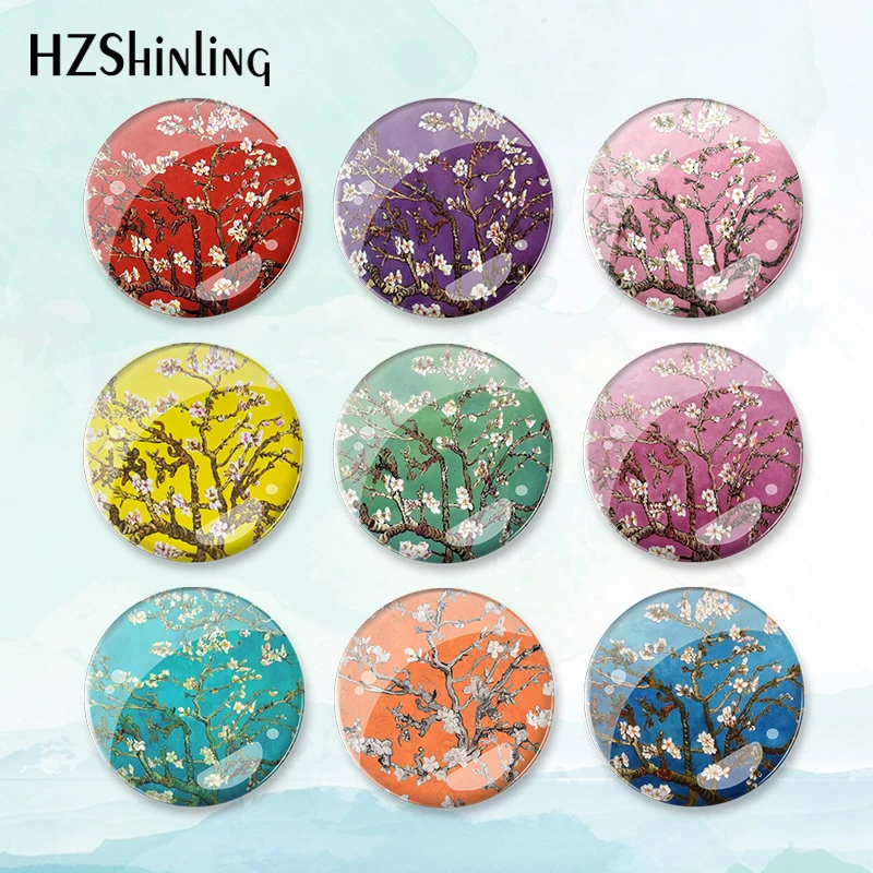 2023 New Branches Of An Almond Tree In Blossom Badge Brooch Pin Backpack Decoration Pins Round Jewelry Women Gift