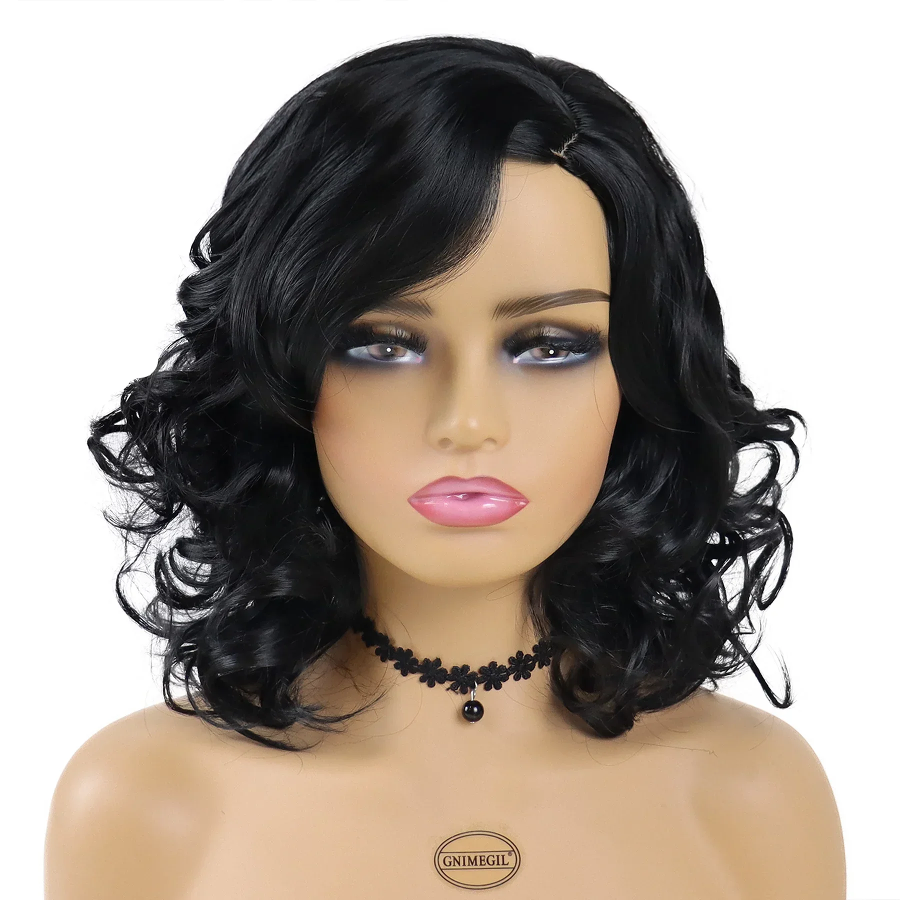 GNIMEGIL Synthetic Black Women Wigs Curly Hairstyles Natural Wig Medium Length Bouncy Haircut Black Female Wig Daily Use Healthy