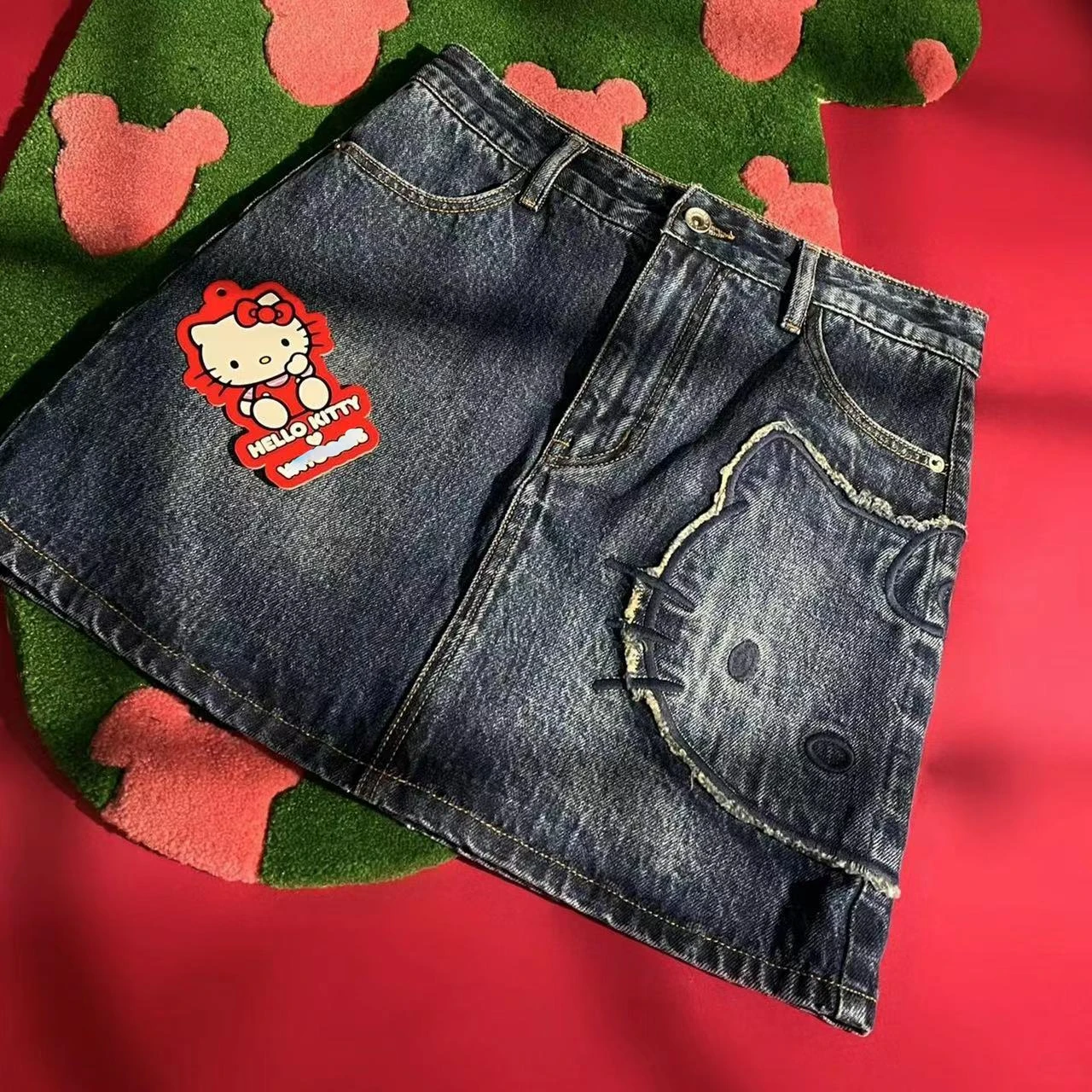 Sanrio Verão Bonito Olá Kitty Bordado Saia Denim De Cintura Alta Saia Curta A- Line Saia Jeans Mulheres Imprimir Roupas Femininas