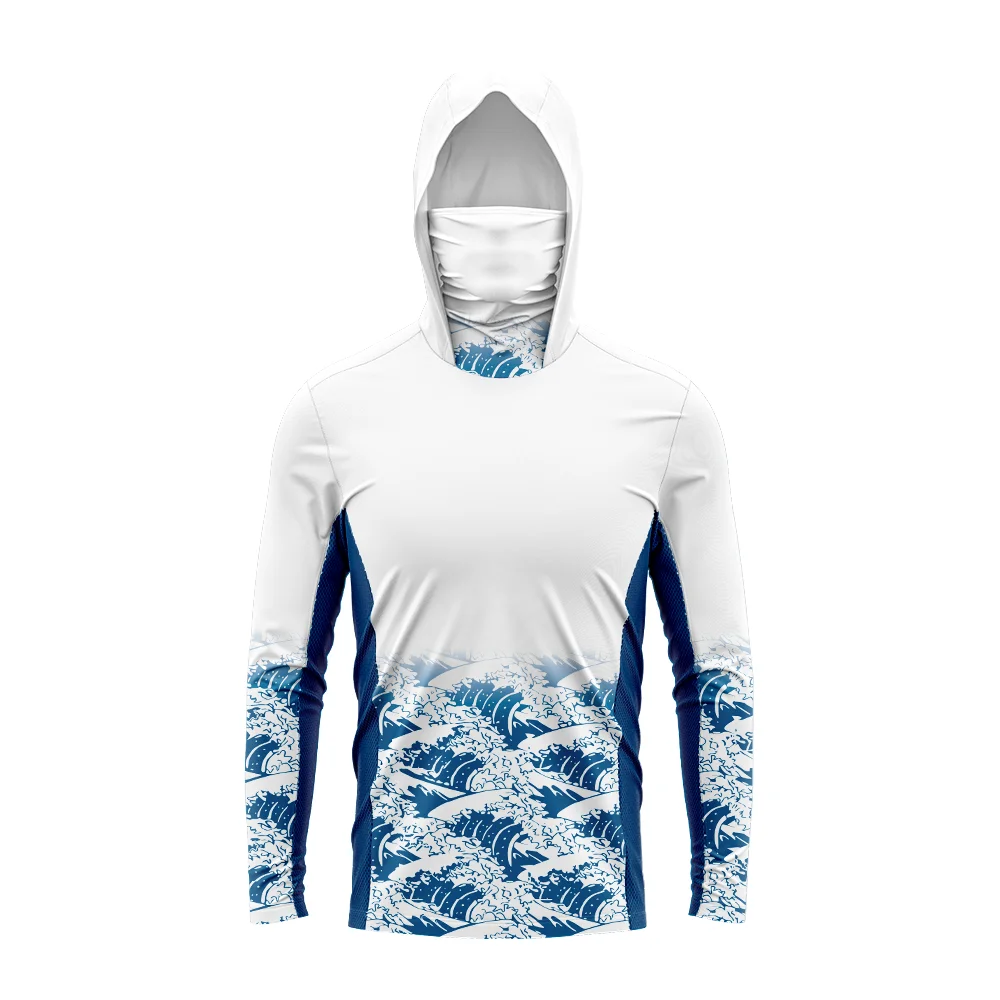 Men's Bass Fishing Hoodie with Long Sleeves, Quick Drying, Breathable, UV Resistant Mask Design, Outdoor Sea Fishing Sportswear
