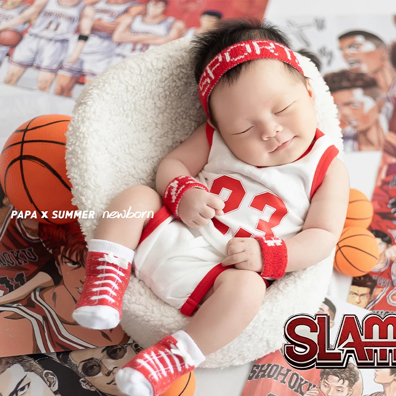 Summer Newborn Photography Sports Theme Basketball Uniform Set Japanese Anime Poster Props Cool Guy Style Newborn Artistic Photo