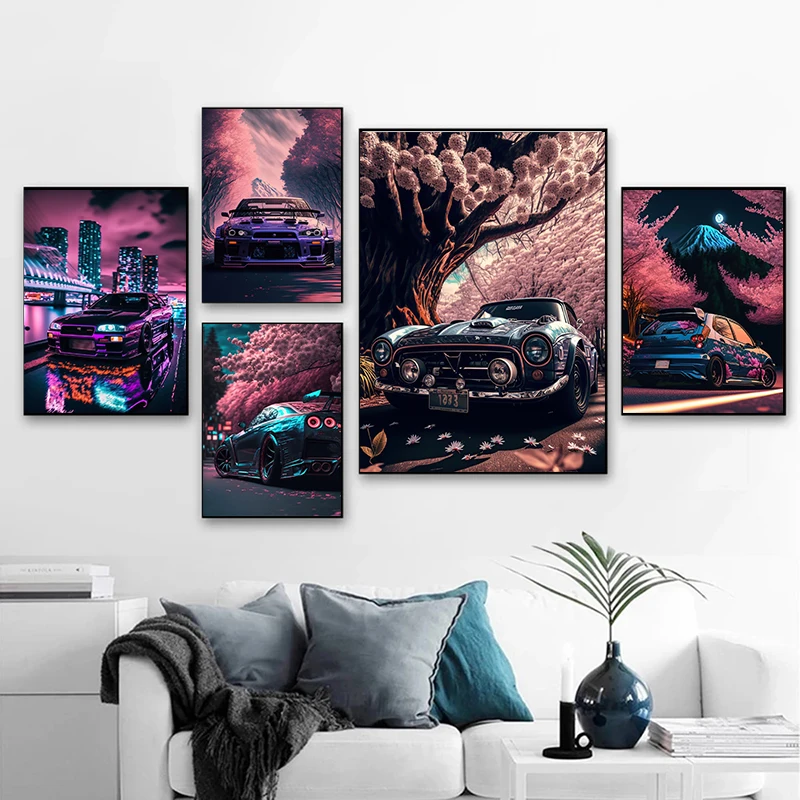 Hari Buckner Car Cherry Blossom Japan Nissan S15 Silvia Sakura Painting and Print Canvas Poster Wall Art Picture for Living Room