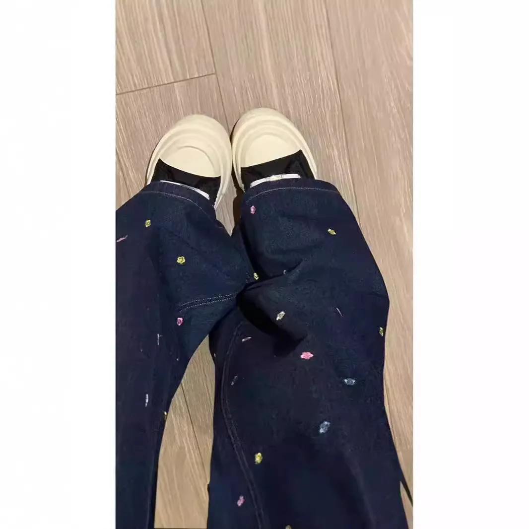 Guochao brand retro color flower high-waisted jeans women's summer loose wide-leg casual versatile straight trousers tide