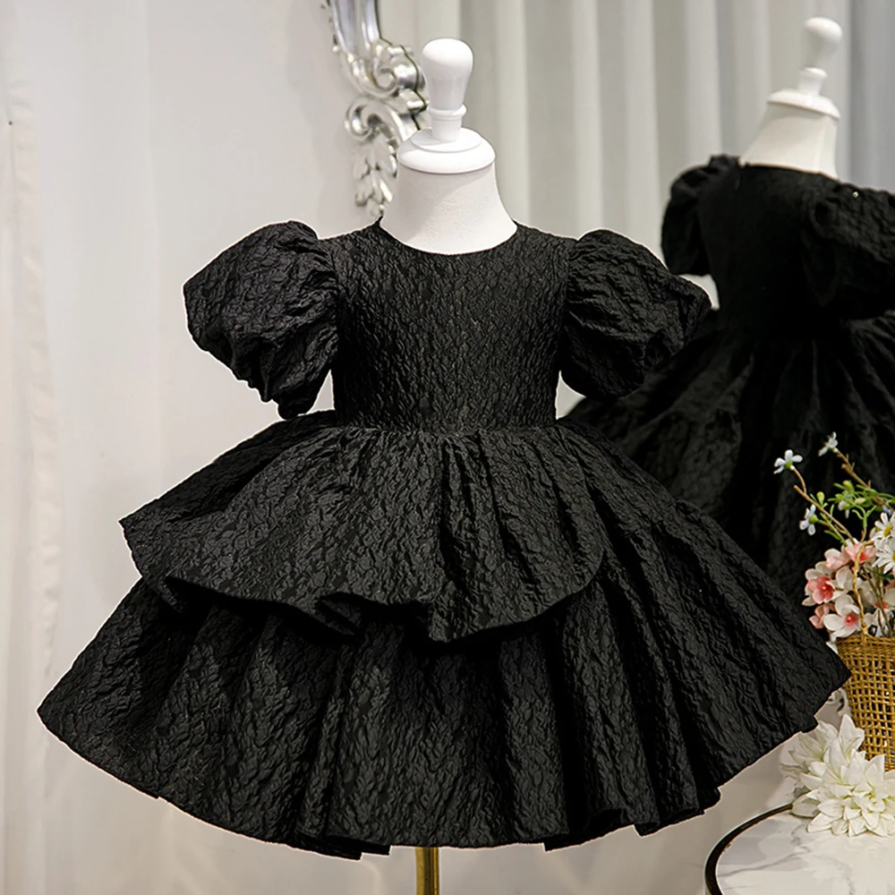 1-10T Girls Black Princess Dress Sweet Bubble Sleeved Puff Tiered Hem Halloween Party Gown Simple Solid Pleated Fabric Vestido