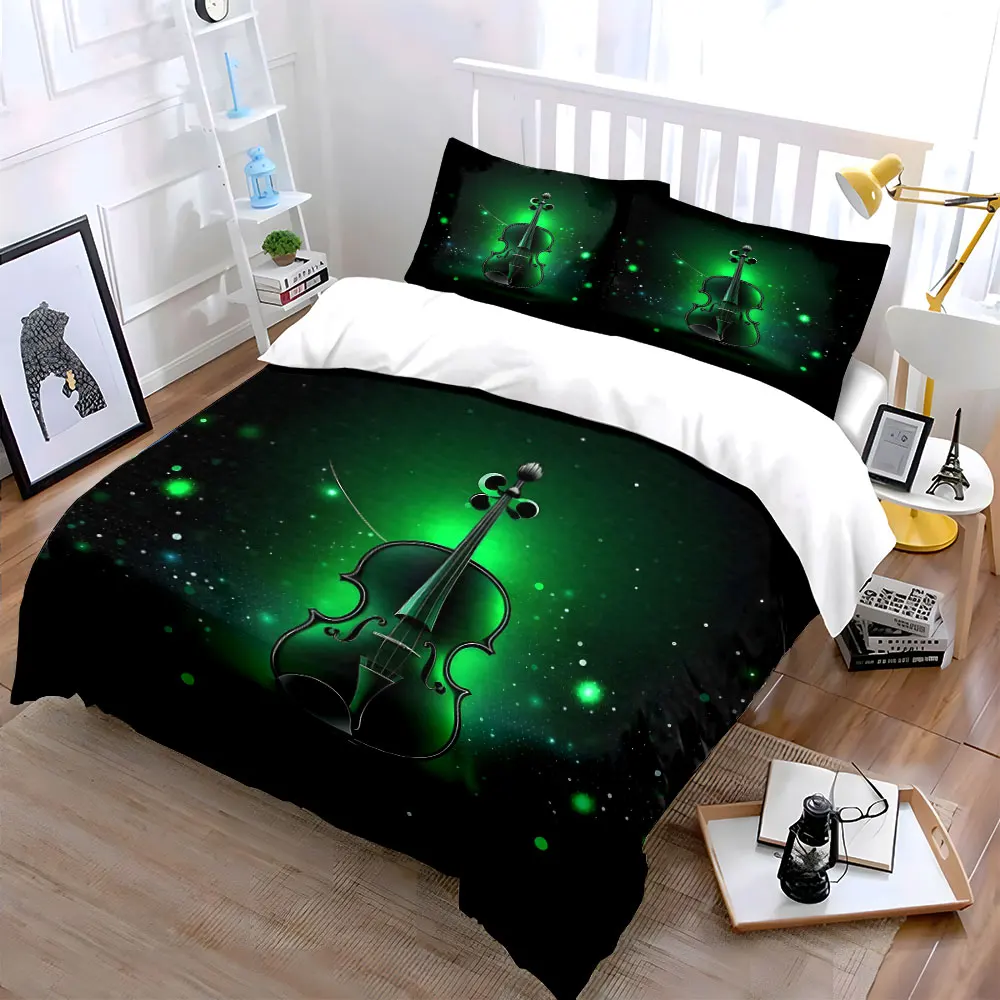 Glowing Violin in Green Light Bedding Set for Kids Luxury Gift 3pcs Digital Print Comforter Set Soft Comfortable Breathable