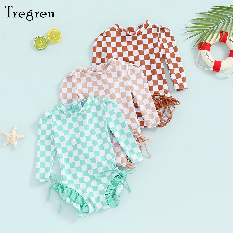 

Tregren Toddler Girls Bikini Beach Swimwear Long Sleeve Checkerboard Print Ruffle Romper Swimwear Summer Bathing Suit Monokini