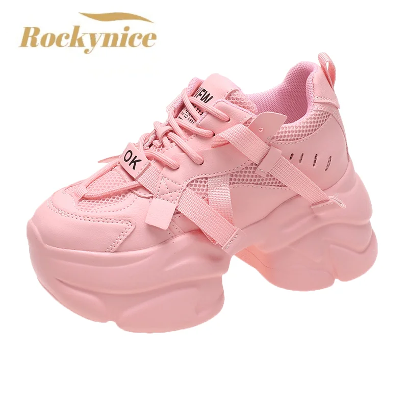 8CM Women's Summer Mesh Chunky Sneakers White Platform Sport Shoes for Women Breathable High Heels Thick Bottom Vulcanized Shoes