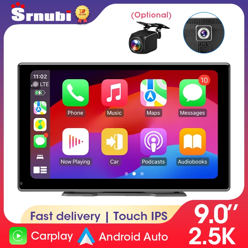 Srnubi 2.5K 9 pouces Dash Cam voiture DVR sans fil Carplay et Android Auto GPS Navigation enregistreur vidéo tableau de bord double lentille Wifi FM AUX