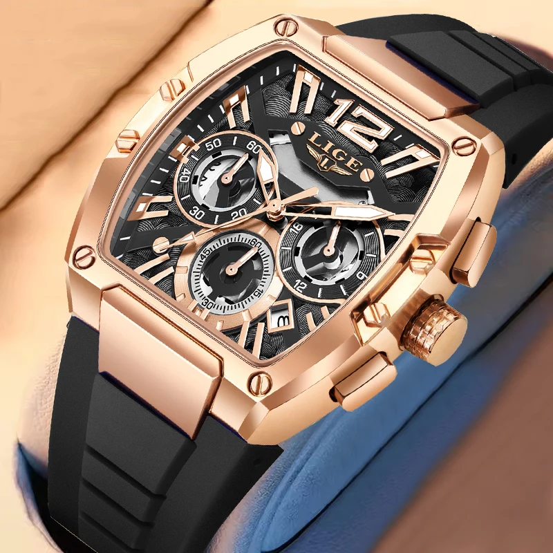 

LIGE новые роскошные черные силиконовые часы мужские квадратные наручные часы с хронографом и большим циферблатом для мужчин водонепроницаемые военные кварцевые мужские часы