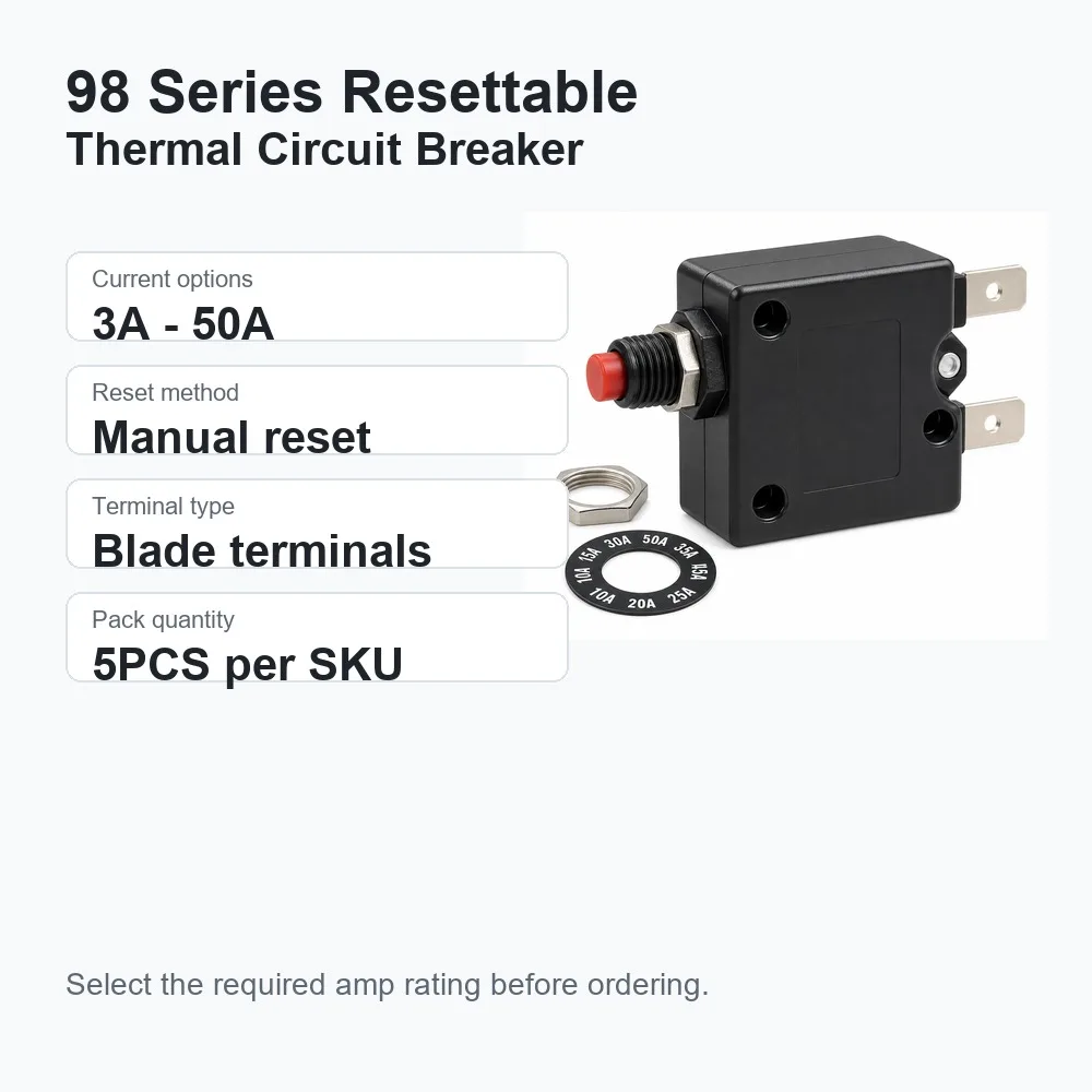5PCS 98 Series 3A-50A Resettable Thermal Circuit Breaker Overload Protector Switch for Power Supply Equipment