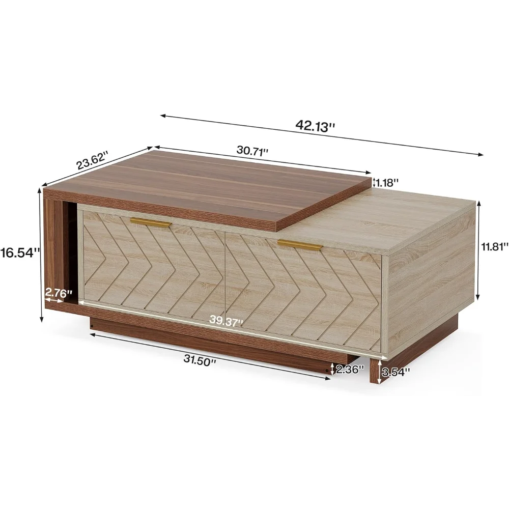 42"-65" Extendable Dual-Tone Coffee Table - Walnut & Oak Reversible Wood Table with 2 Storage Drawers