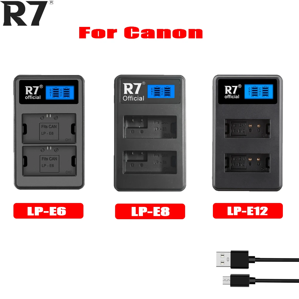 

R7 For Canon LP-E6 LP-E8 LP-E12 LP E6 E8 E12 Camera Battery Charger lpe6 lpe8 lpe12 LCD Dual smart charger