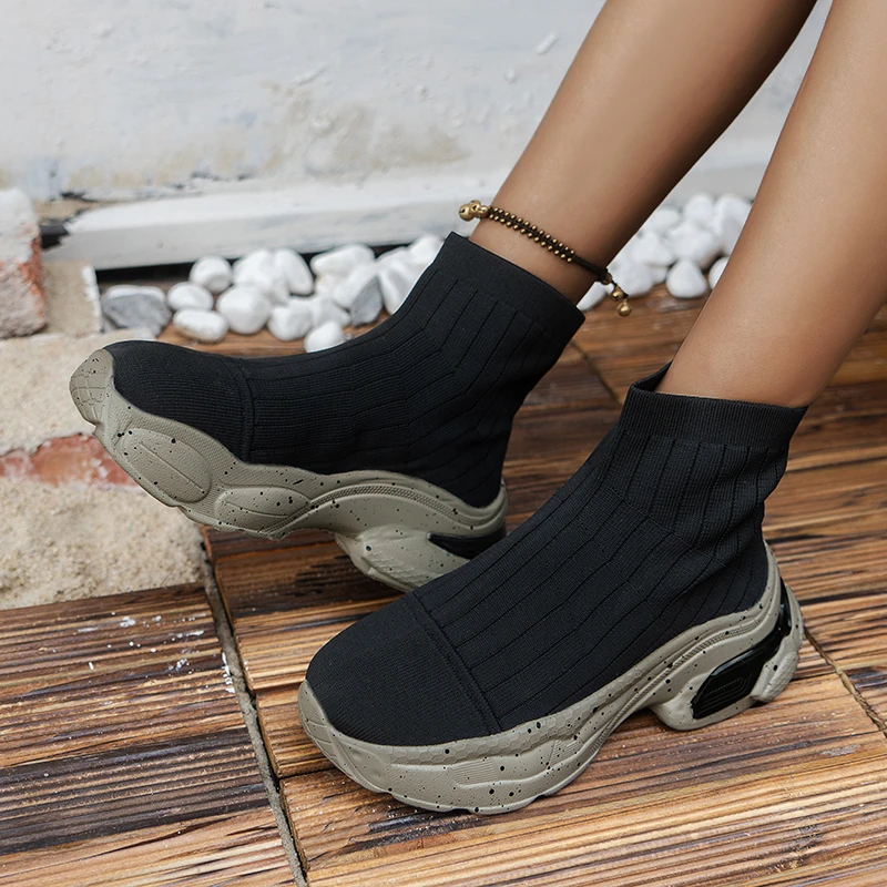 2022 New Women's Platform Shoes Ankle Sock Boots Thick Bottom Solid Color Slip on Ladies Knitted Female Shoe Casual Botas Mujer