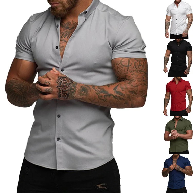 

Xia New Men's Solid Color Lapel Short Sleeve Shirt Muscle Men's Simple Light Ripe Bottom Shirt
