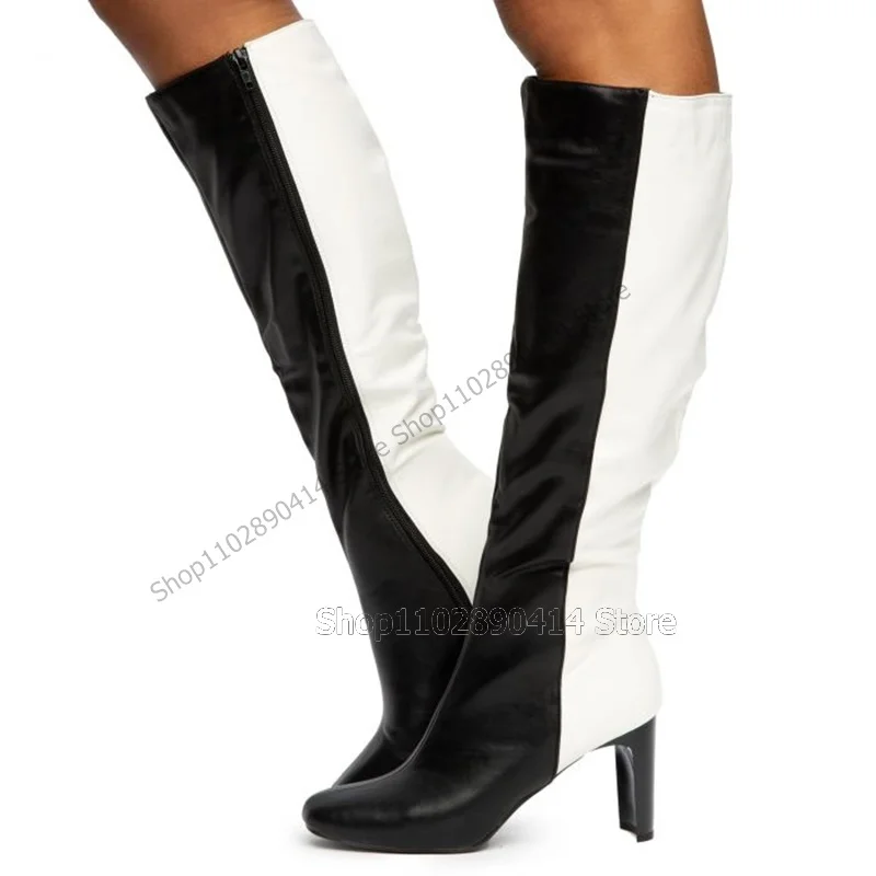 Black White Matte Leather Knee High Boots Side Zipper Women Shoes Chunky High Heel Fashion Party Office 2023 Zapatos Para Mujere