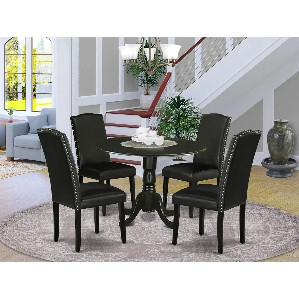 

5 Piece Dining Room Furniture Set Includes a Round Dining Table with Dropleaf and 4 Black Faux Leather Upholstered Chairs