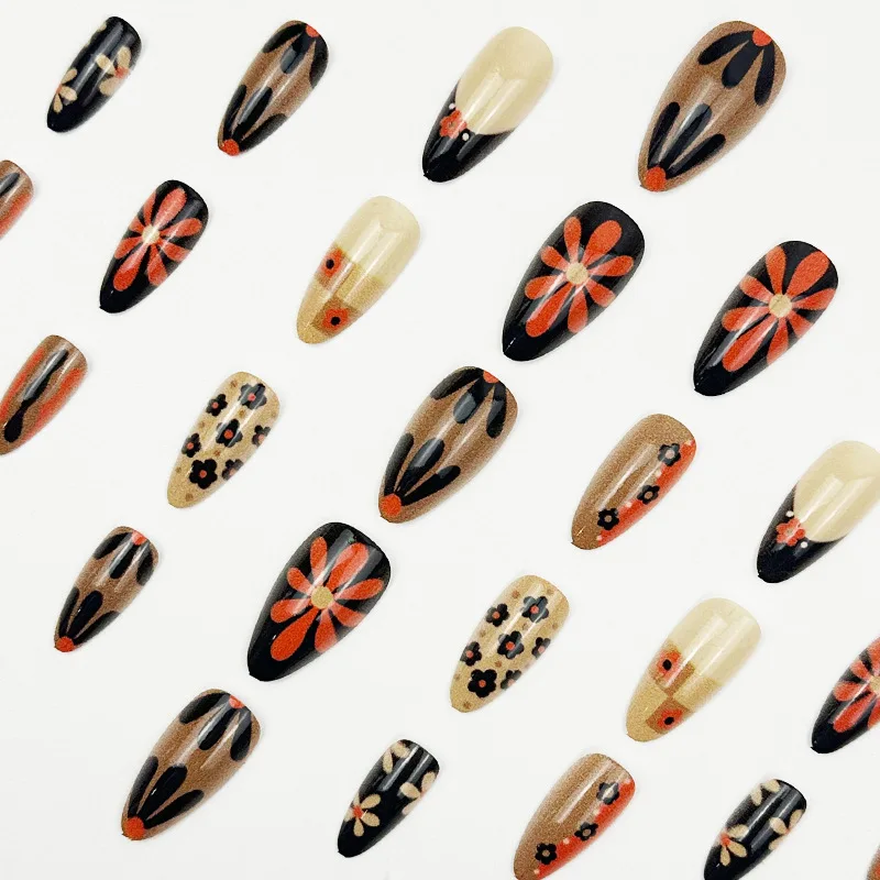 24 قطعة لون الشاي الحليب لطيف الأظافر وهمية البرتقال عباد الشمس المطبوعة الخريف الشتاء اضغط على الأظافر لامعة اللوز انفصال أظافر صناعية #2