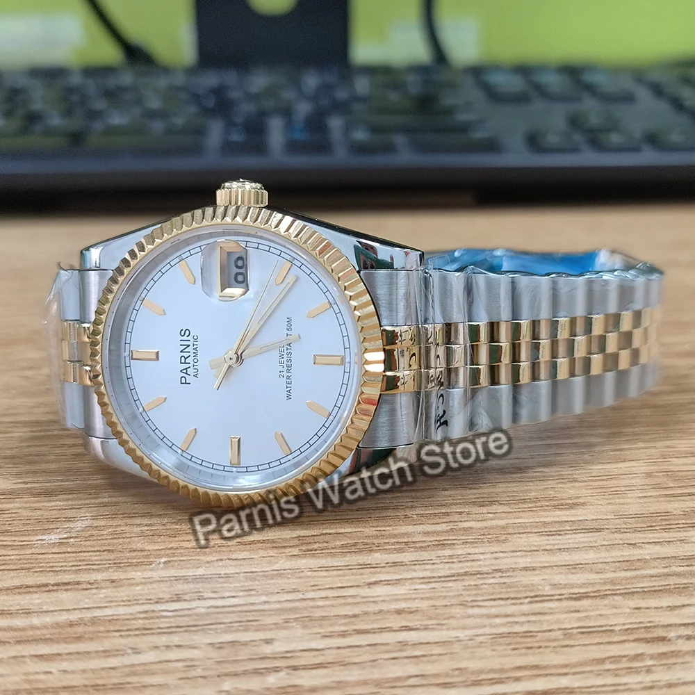 Parnis 36mm Gold Silver Color White Dial Men Watch Automatic Movement Men Stainless Steel Bracelet Mechanical Watches