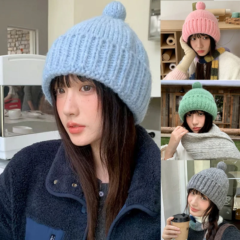 

Trendy Korean Version Sweet Pink Cute Little Pom-pom Beanies Cap Y2K Autumn Winter Casual Warm Versatile Knitted Women's Hats