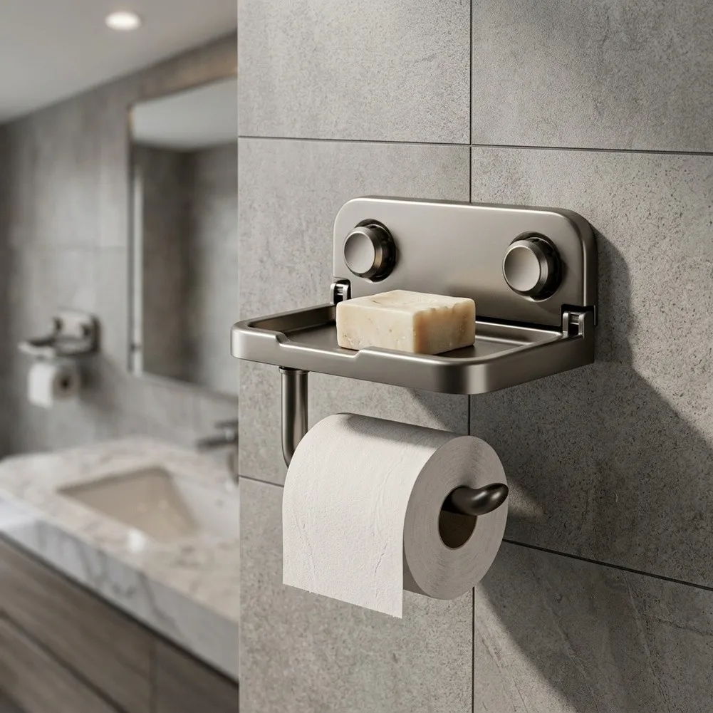 Toilet Paper Holder with 90 Degree Flip Up Design - Suction Cup Mounted Dispenser for Bathroom and Small Space Optimization