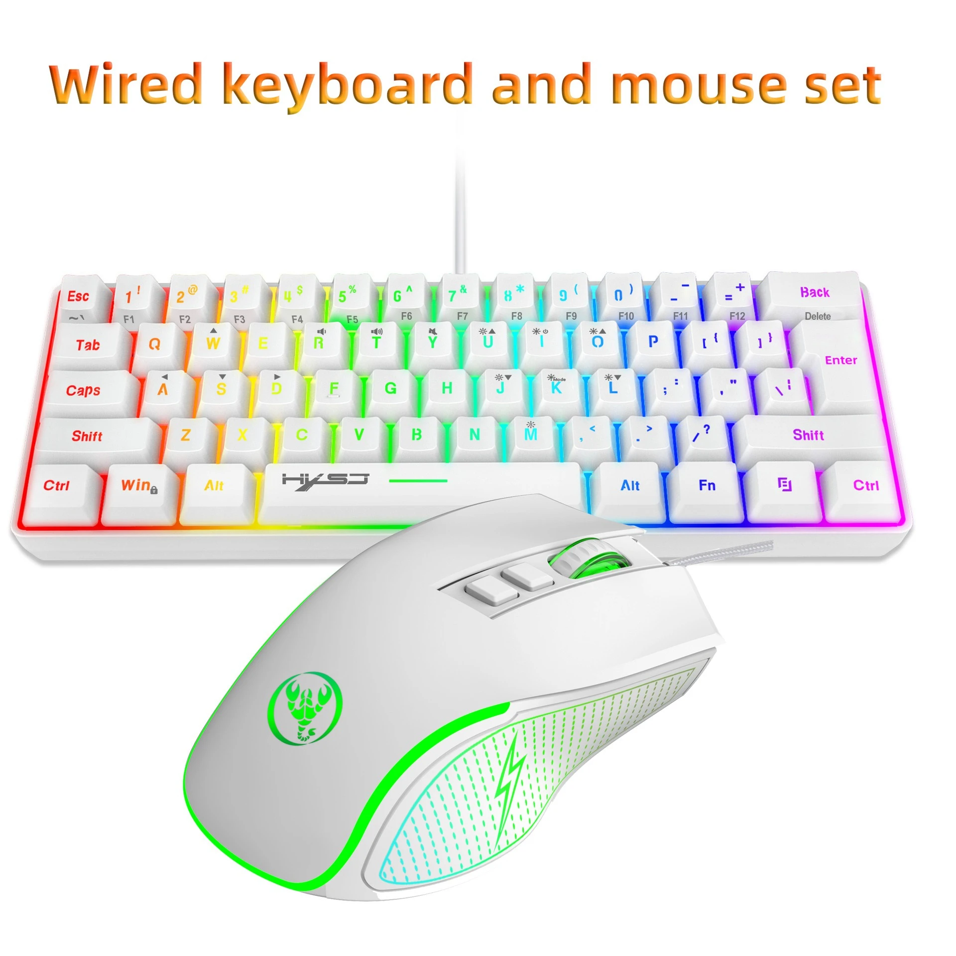 White New 61key wired membrane gamer keyboards mouse set RGB backlit 60% keyboard colorful luminous 6key gaming mouse key board