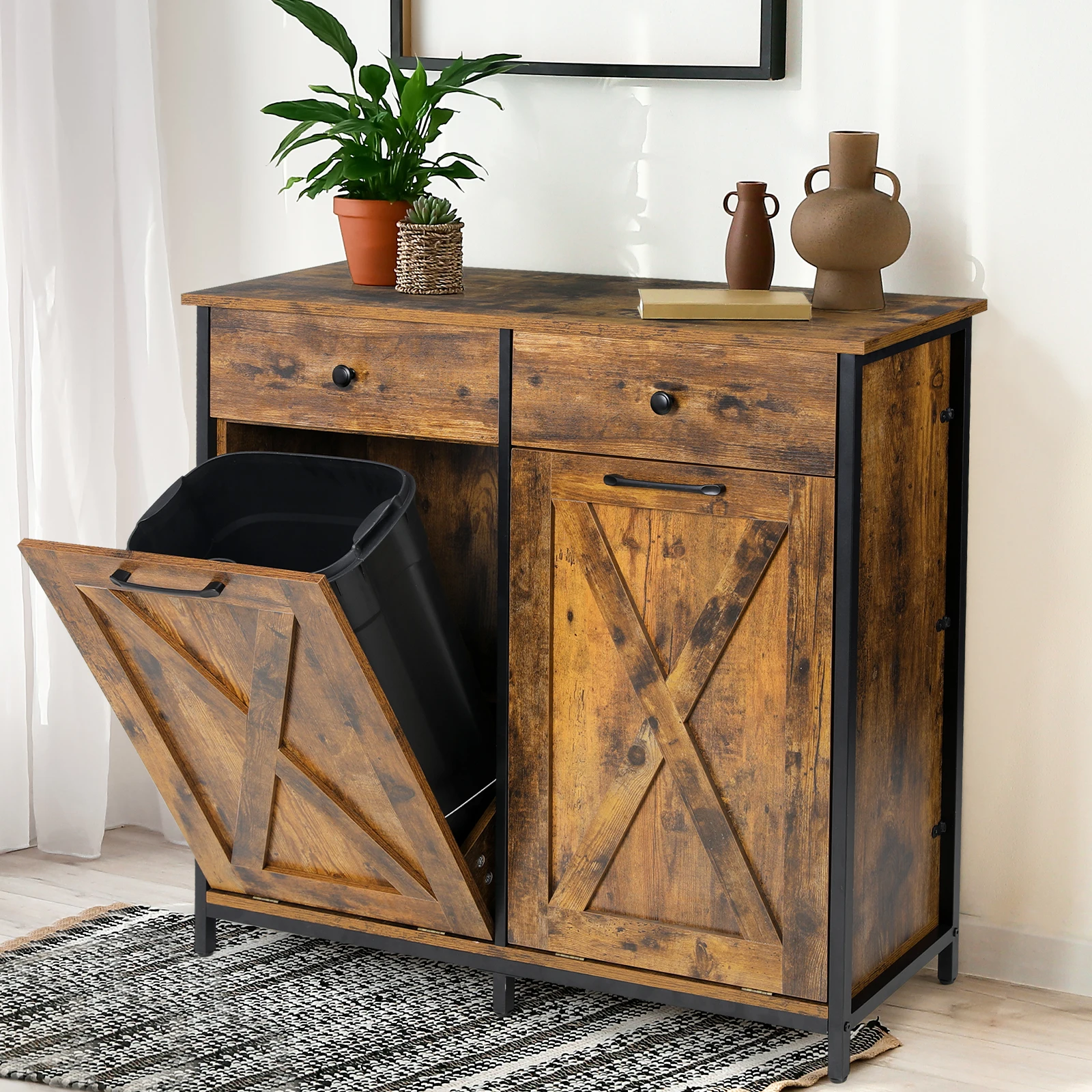 

Double Tilt Out Trash Cabinet 20 Gal, Kitchen Wooden Recycling Cabinet, Hidden Trash Can Holder w/Drawers & Tabletop