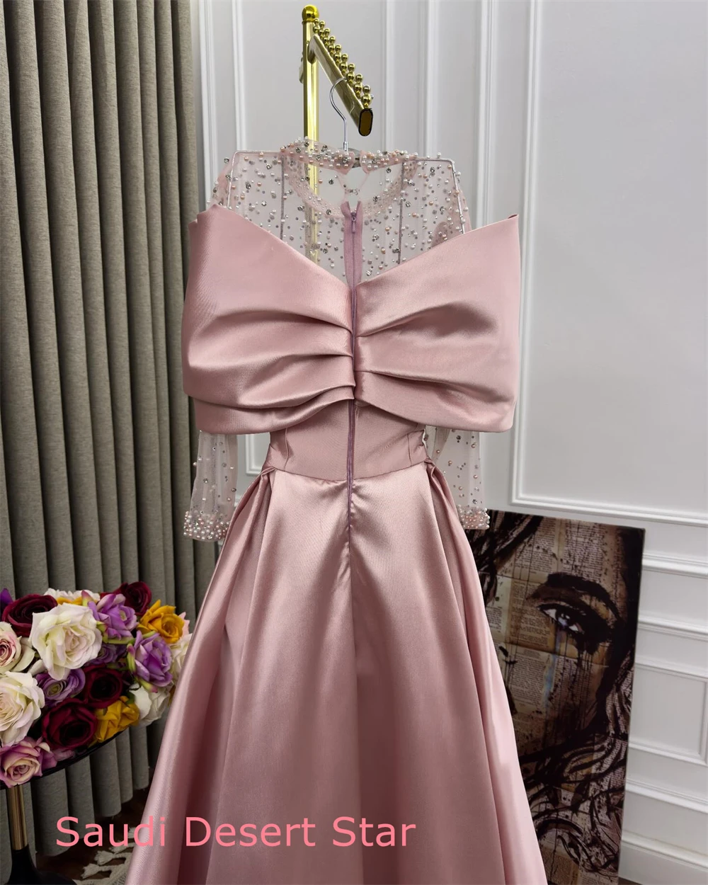 

Customized Elegant Pink Satin Evening Dress Delicate Crew Neck Off the Shoulder Half Sleeves Party Dress Soft Celebrity Gowns