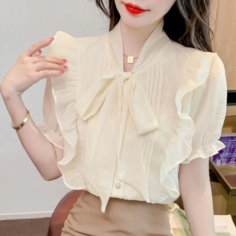 French Ruffled Edge Age Reducing Loose Chiffon Shirt for Women\'s Spring summer Sweet Temperament Bow Versatile Long Sleeved Top