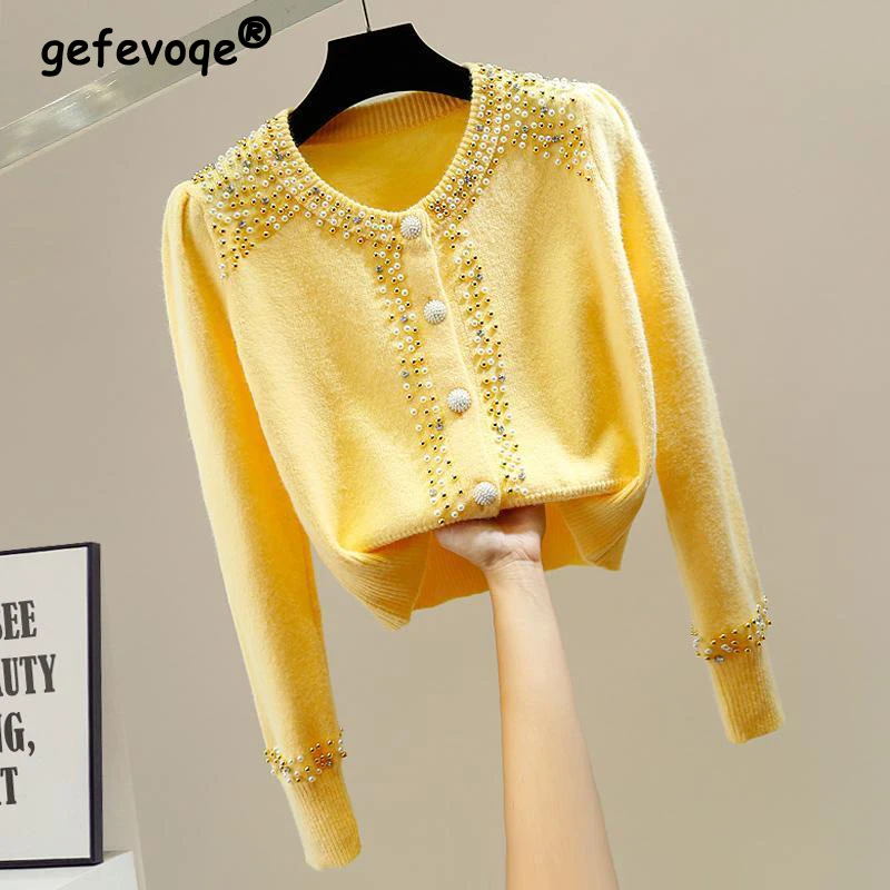 Women Korean Beaded Chic Sweet Kawaii Soft Single Breasted Knitted Cardigan Autumn Trendy Casual O Neck Long Sleeve Sweater Coat