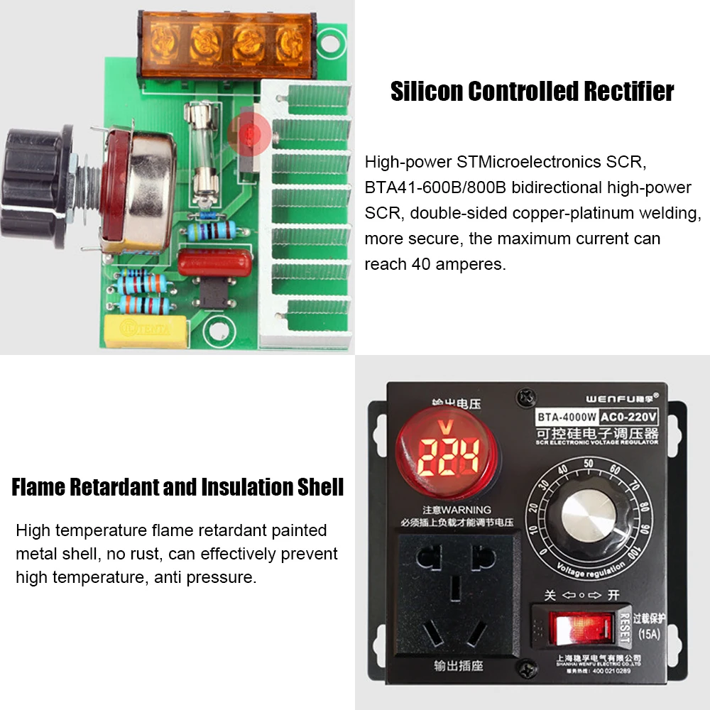 AC 220V 4000W Voltage Regulator High Power For Light Speed Temperature Volts Adjustable Dimmer Variable Voltage Controller