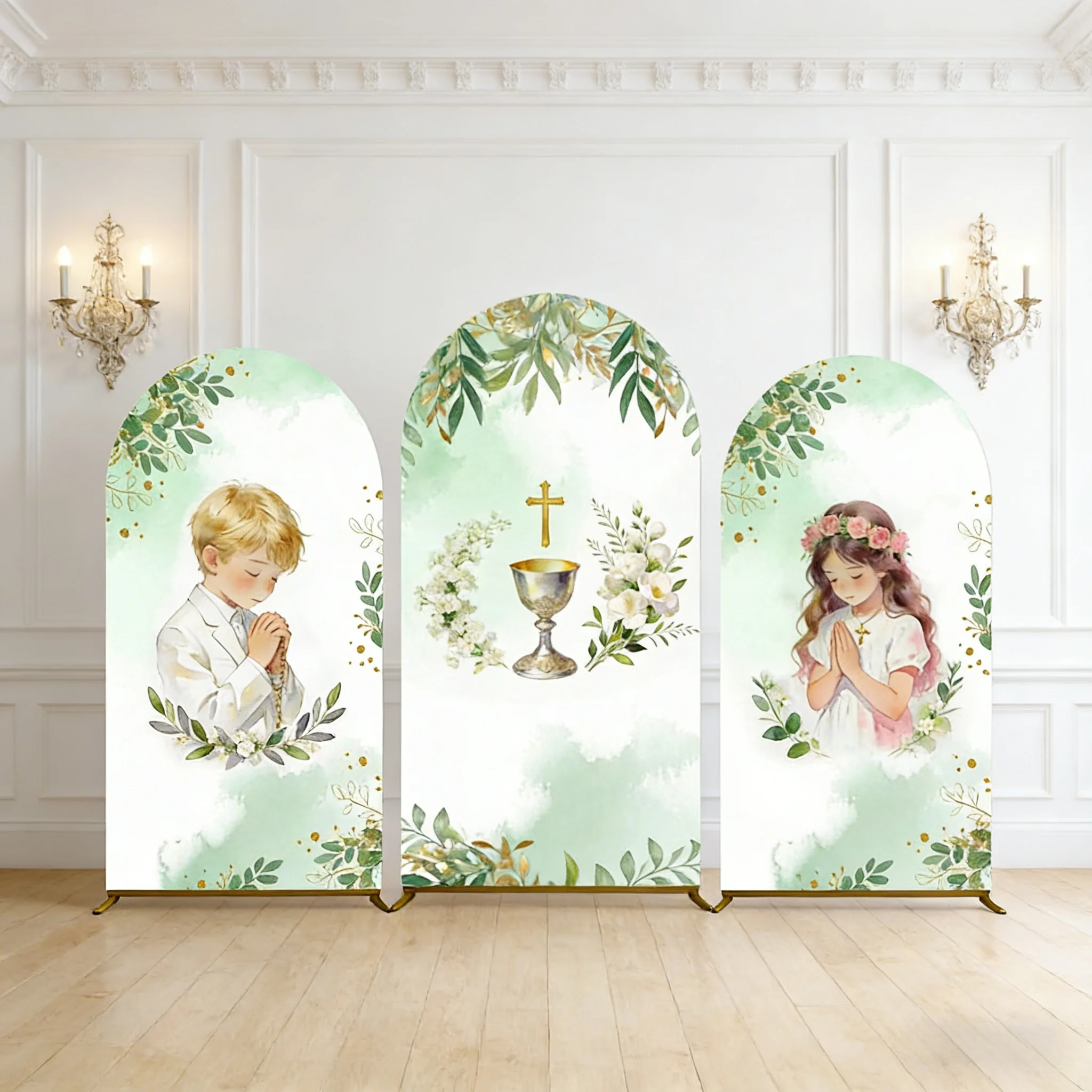 

Фон-арка для первого причастия, крестин, детского праздника, с золотым крестом, цветами, надписью «Божье благословение», для девочек и мальчиков, художественный портретный фон