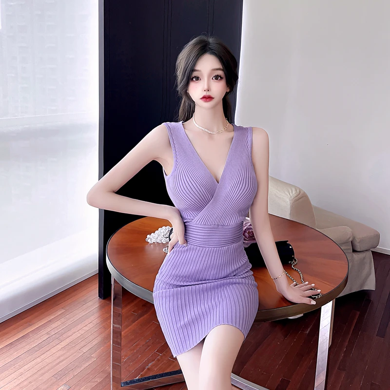 Matakawa Knitted V Neck Women Dresses Criss-Cross Solid Spring Summer Sexy Vestidos Muejr High Waist Fashion Retro Mini Dress