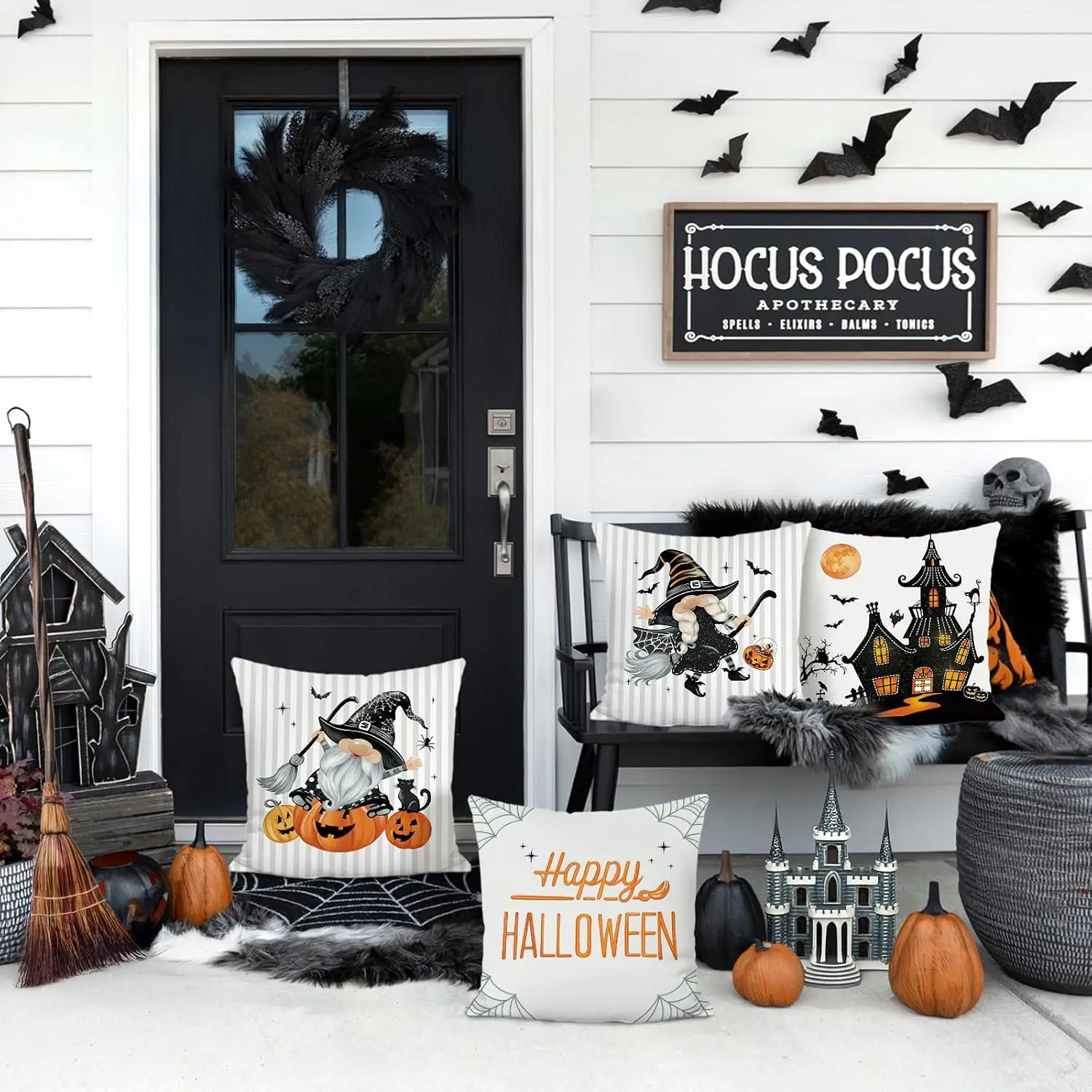 Bonhause Grey Halloween Throw Pillow Covers 18 X 18 Inch Gnomes Witch