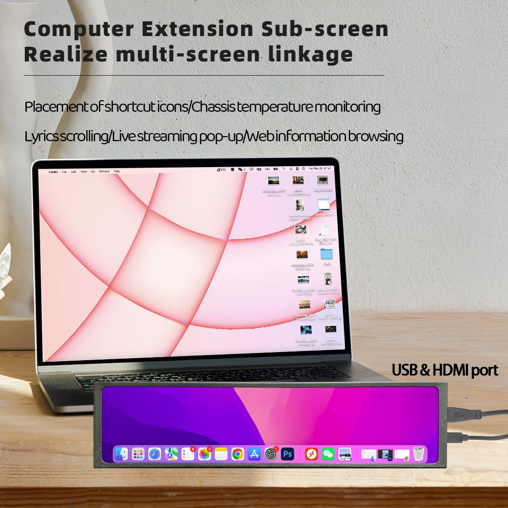 LESOWN 11.3 Inch Compact Banner Display 440×1920 IPS LCD Secondary Portable Monitor AIDA64 Sensor Panel for ARGB Computer Case