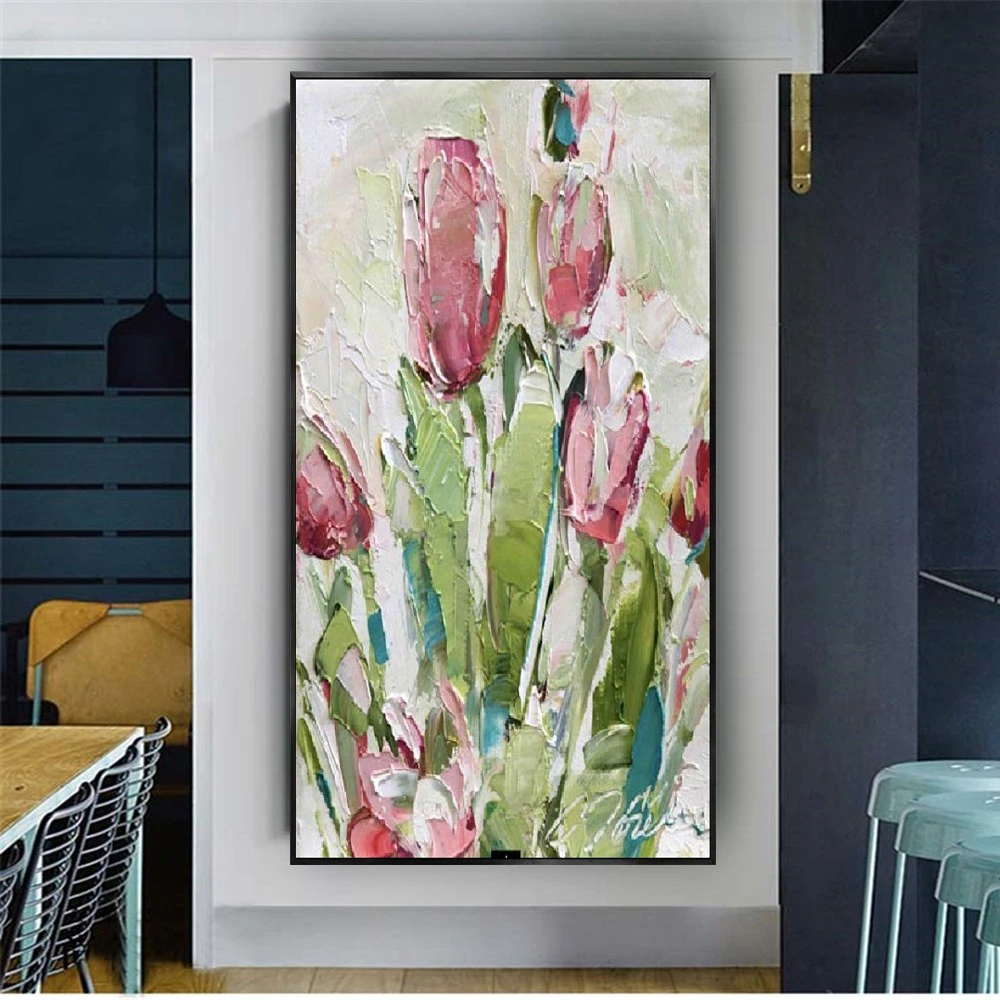 

100% Handmade Big Knife Pink And Green Thick 3d Texture Flower Oil Painting On Canvas Wall Art Picture For Home Decor Poster Gif