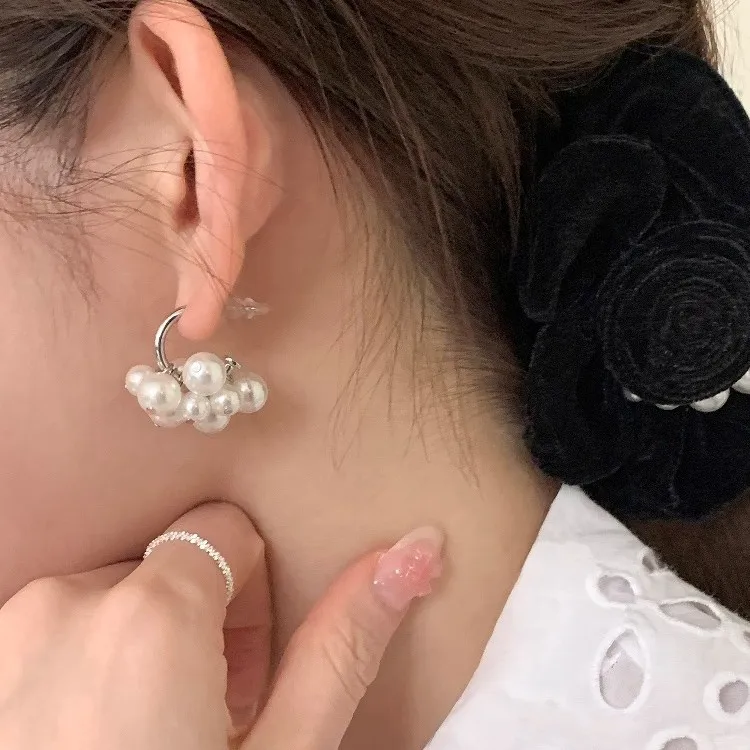 White Pearl Flower Bud Stud Earrings Lightweight Silver Tone Post Elegant Versatile Classic Daily Spring Jewelry Women