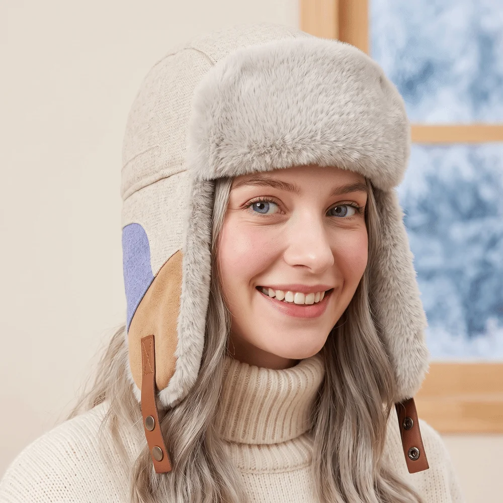 Color Block Winter Trapper Hat Thick Thermal Fleece Lined Windproof Winter Hat Cold Proof Wind Resistant Patchwork Ski Cap