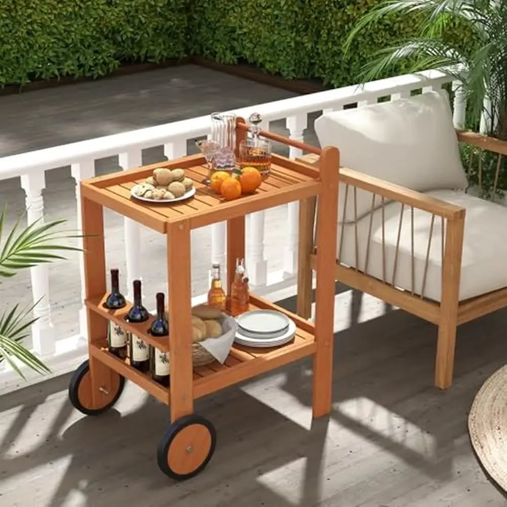 Wood 2 Tier Rolling Bar Cart with Wine Bottle Holders Rubber Wheels Indoor Outdoor Serving Table Drink Beverage Storage Space