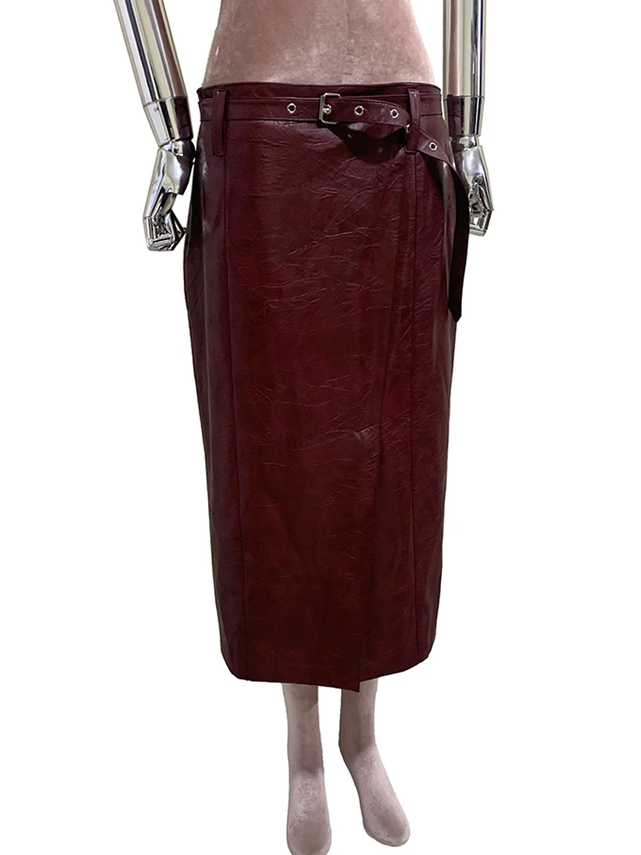 Nerazzurri Summer Autumn Dark Burgundy Pu Leather Pencil Skirt Women Belt Front Slit Elegant Chic Luxury Designer Clothes 2026