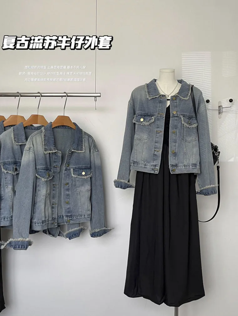 

Street Vintage Women's Denim Jacket Blue American New Autumn Design Temperament Long-sleeved Jacket For Women