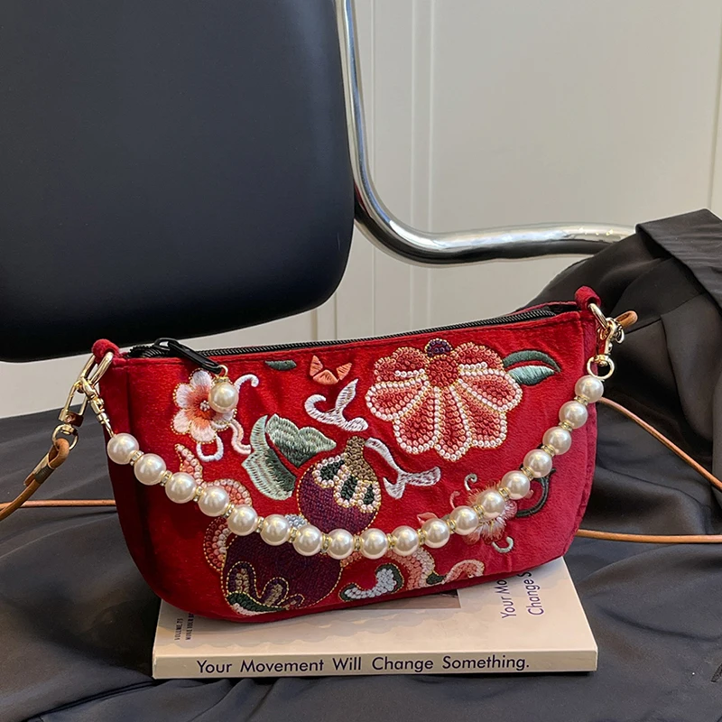 Chinesische Umhängetasche mit Blumenstickerei, Damen-Schultertasche, Handtasche mit Perlenhenkel, Vintage-Geldbörse im ethnischen Hanfu-Stil – Detail 28