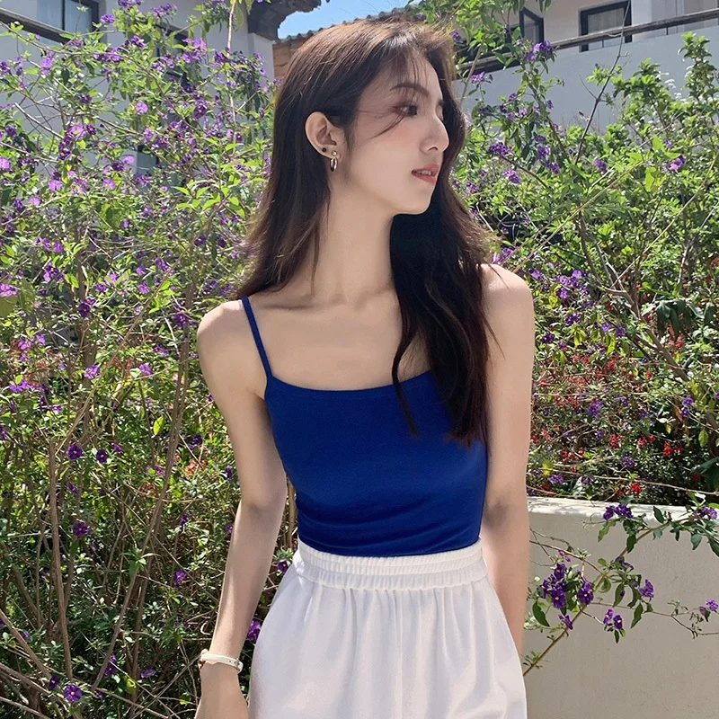 Klein Blue Women's Camisole Vest Integrated Inner Wear Outerwear Summer with Chest Pad Beautiful Back Bra Base Shirt