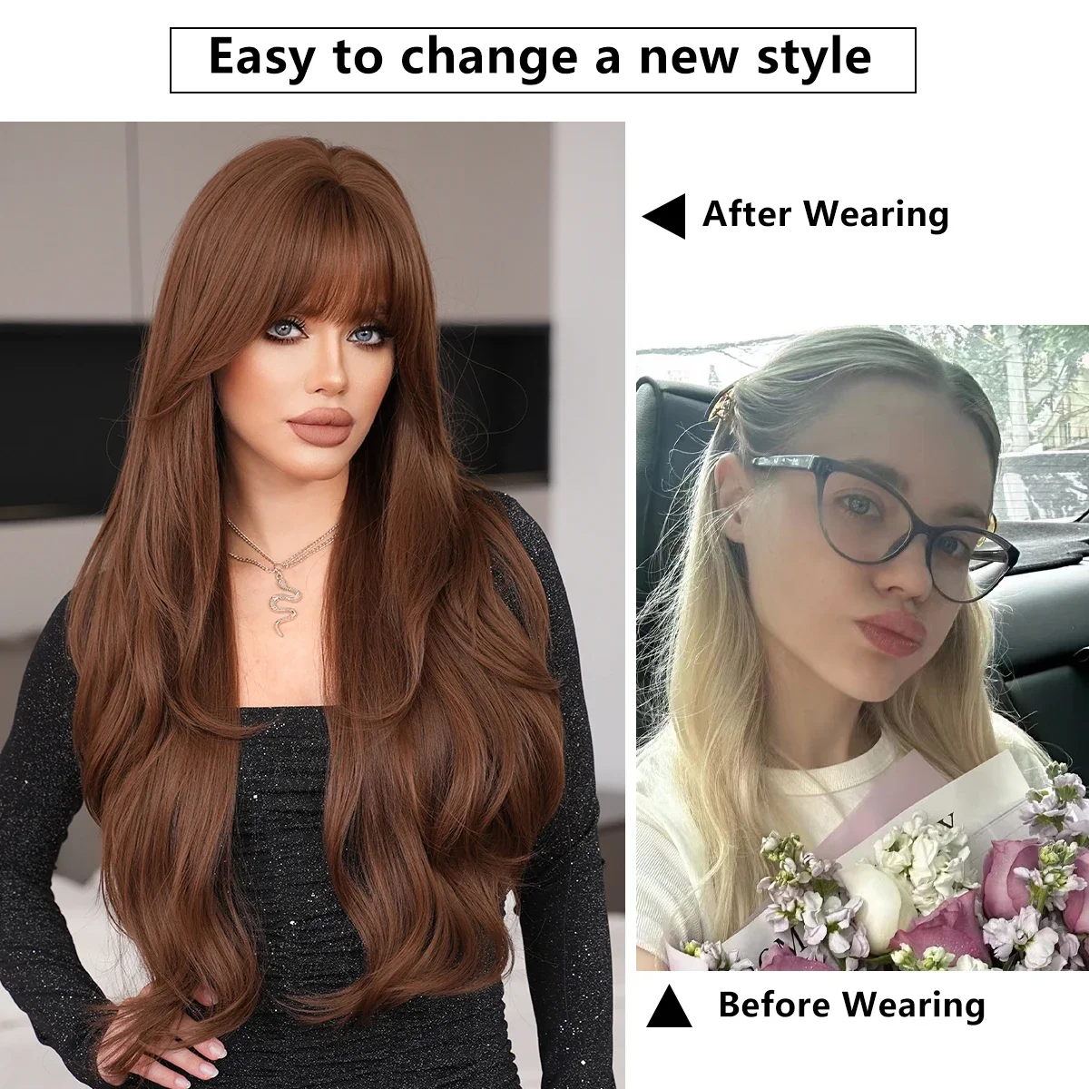 NAMM Long Loose Body Wave Brown Wig for Women Daily Use Cosplay High Density Synthetic Layered Wigs Natural Looking With Bangs