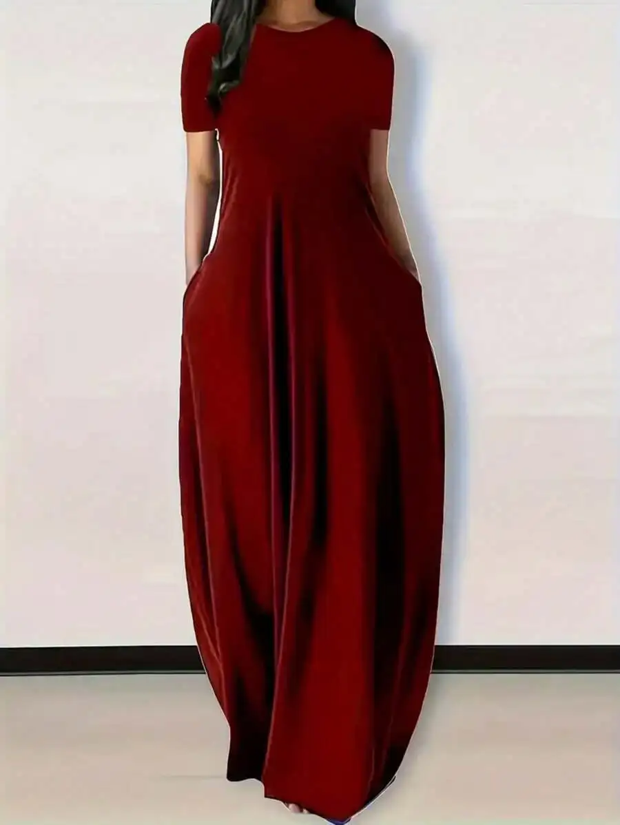 

Women's Solid Color Short Sleeve Maxi Dress, Loose Fit Casual Style