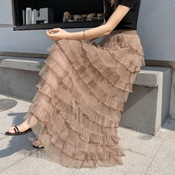 Spring Summer Mesh Ball Gown Skirts Girls High Elastic Waist A Line Long Skirt Women Sweet Bottoms